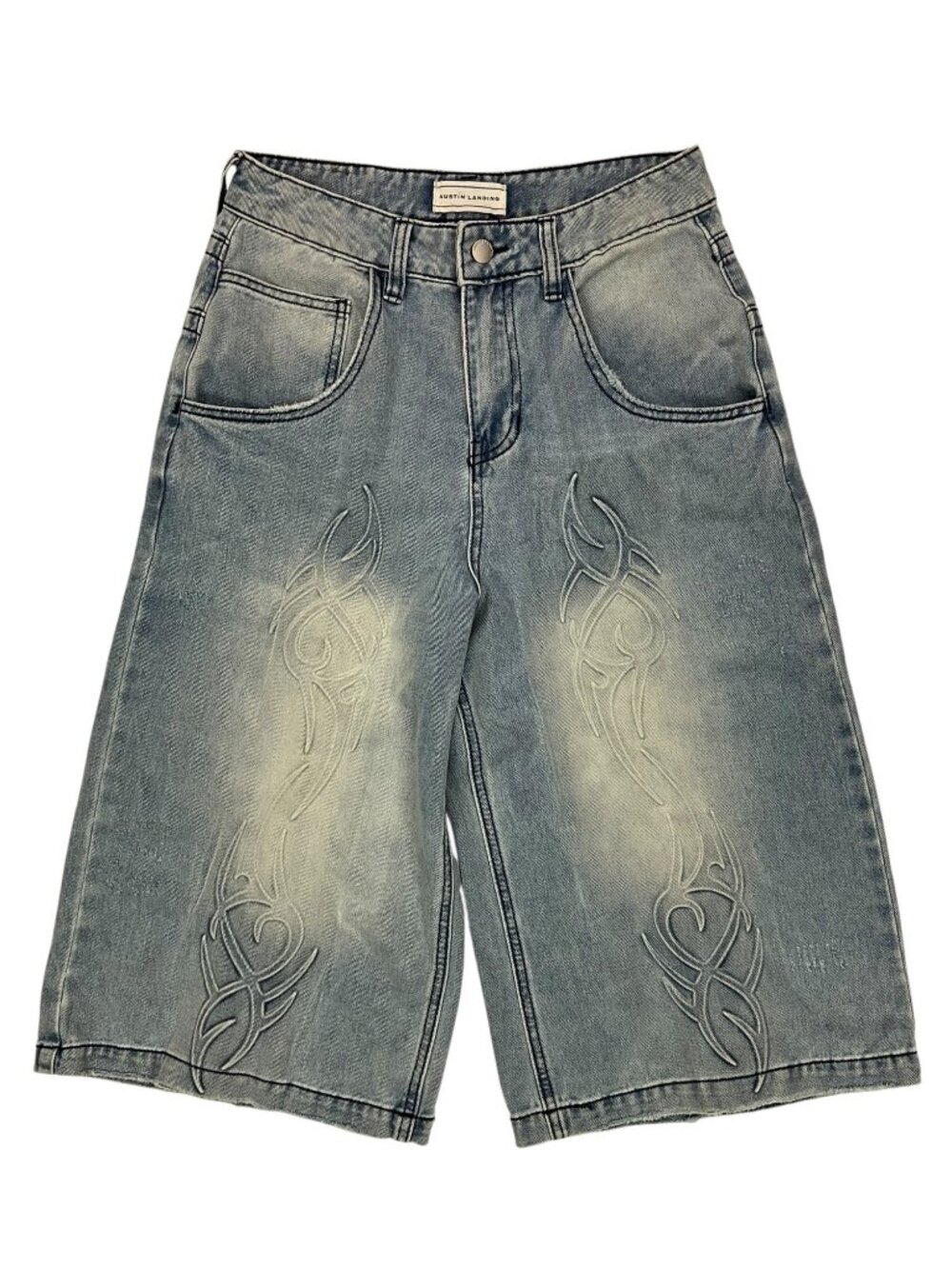 Austin Landing Queen Jorts Denim Shorts 3 Blue Embroidered Tribal Skater